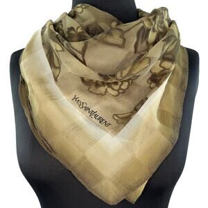 VTG Yves Saint Laurent Brown Beige Square Scarf Floral Check Neutral VINTAGE